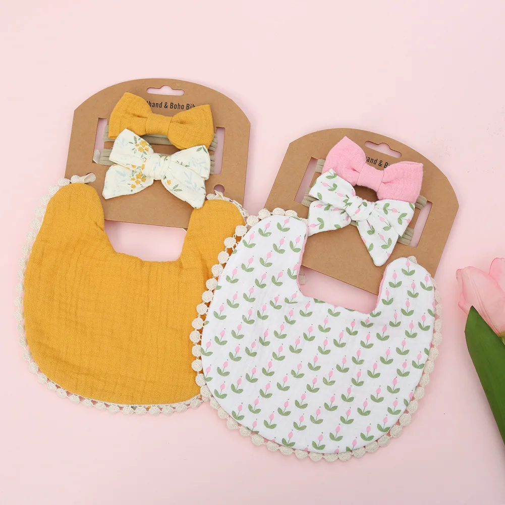 100% Cotton Baby Bibs Soft And Comfortable Baby plain cotton Bibs Customizable Color Baby Bibs Bow For Children Headband Set