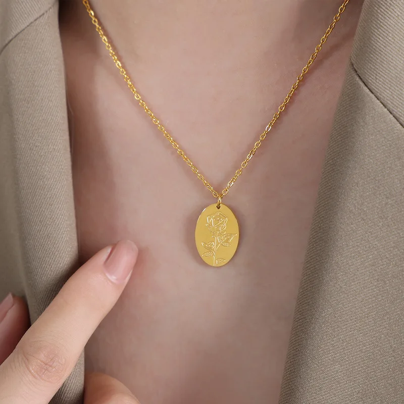 Oval Carved Flower Pendant Necklace Custom Birth flower Name Jewelry Stainless Steel Engraved Rose Lily Flower Necklace