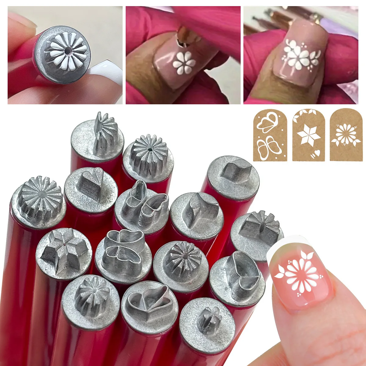 Misscheering Nail Art 6 Pieces Nail Art Stamp Pen Set Multi Shaped Butterfly Flower Metal 3D Multi Functional Printing Pen