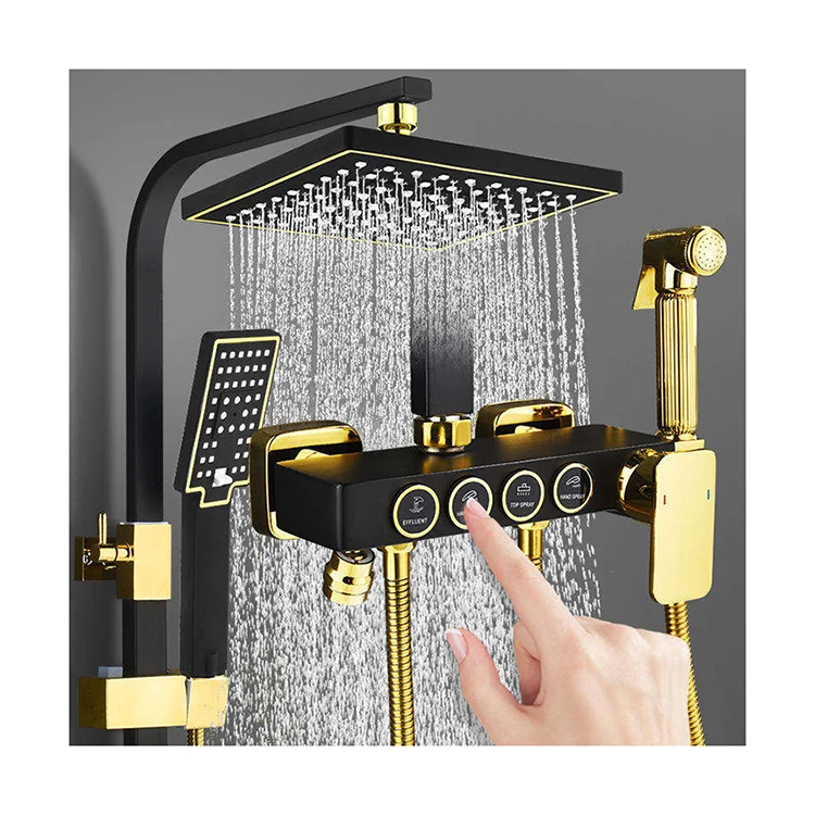 Luxury Wall Mounted Hotel Bathroom Shower Set Rain Thermostatic Bath Gold Black Water Mixer System Faucet