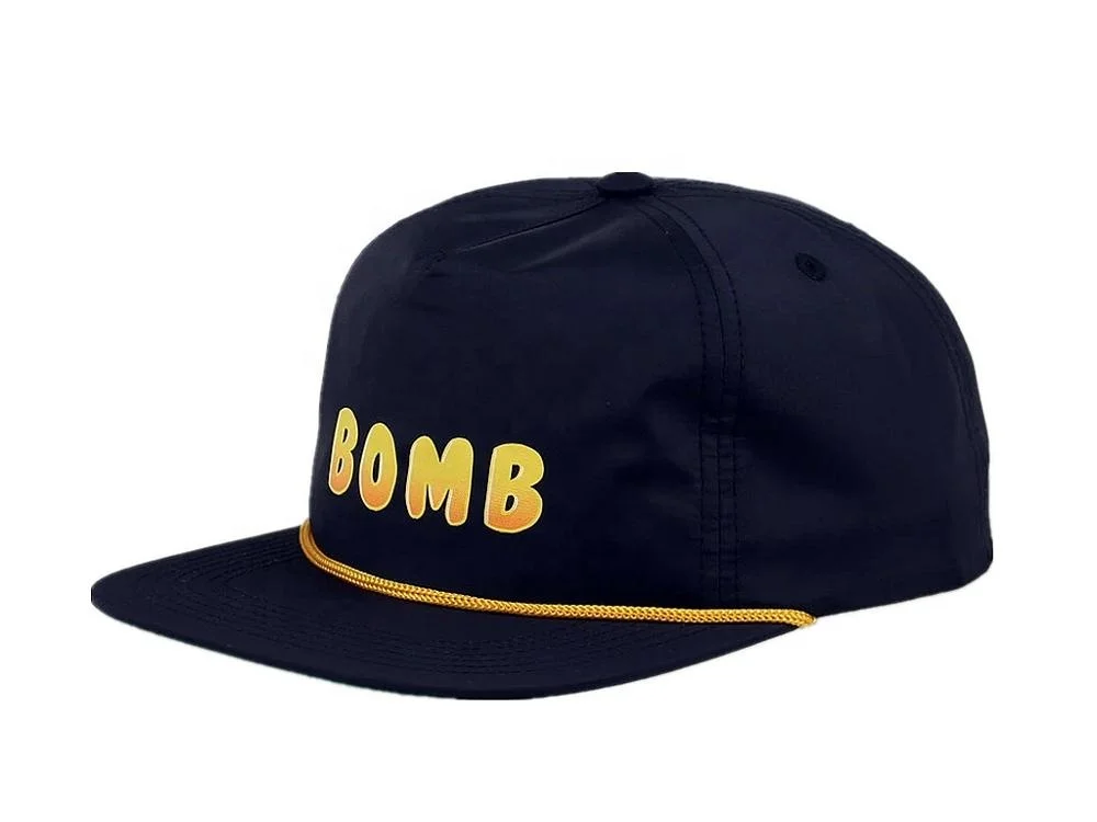 High quality Custom nylon unstructured flat brim snapback hat with rope