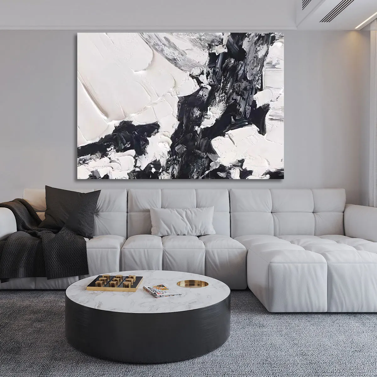 Original Art 100% Hand Painted Modern Black And White Abstract Painting Wall Art For Home Motel Wholesale Hotel Decor