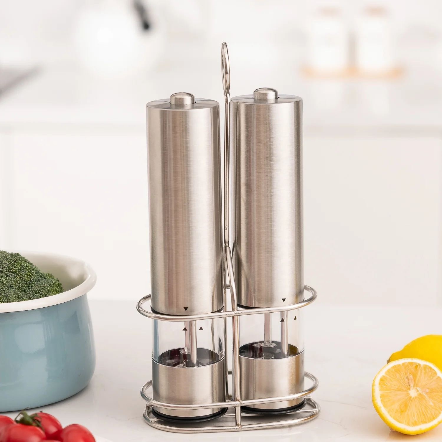 Electric Pepper Mill Set with Stainless Steel Stand Pepper&Salt Grinder Set