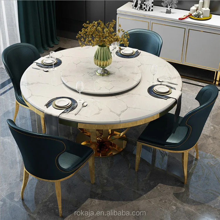 Modern Luxury Rotating Dinning Table Set Marble Gold Frame Stainless Steel Leg Malaysia Dining Tables