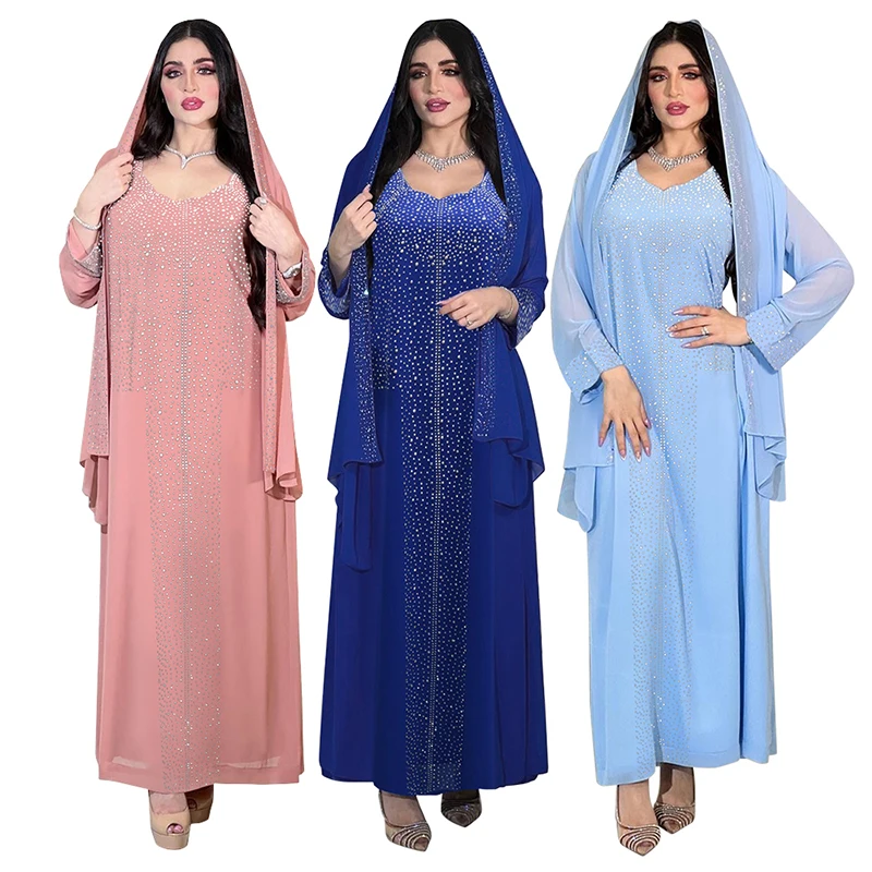 CY500198 Women Elegant Rhinestone Arabian Islamic Clothing Robe Femme Modest Kleid Abaya Dress With Scarf