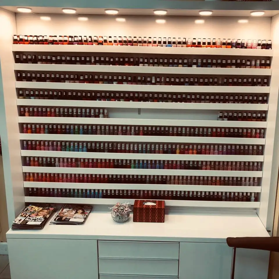 Free Custom Modern Wooden Wall Cosmetics display Stand makeup Furniture white Nail Polish Display Rack Cabinet interior design