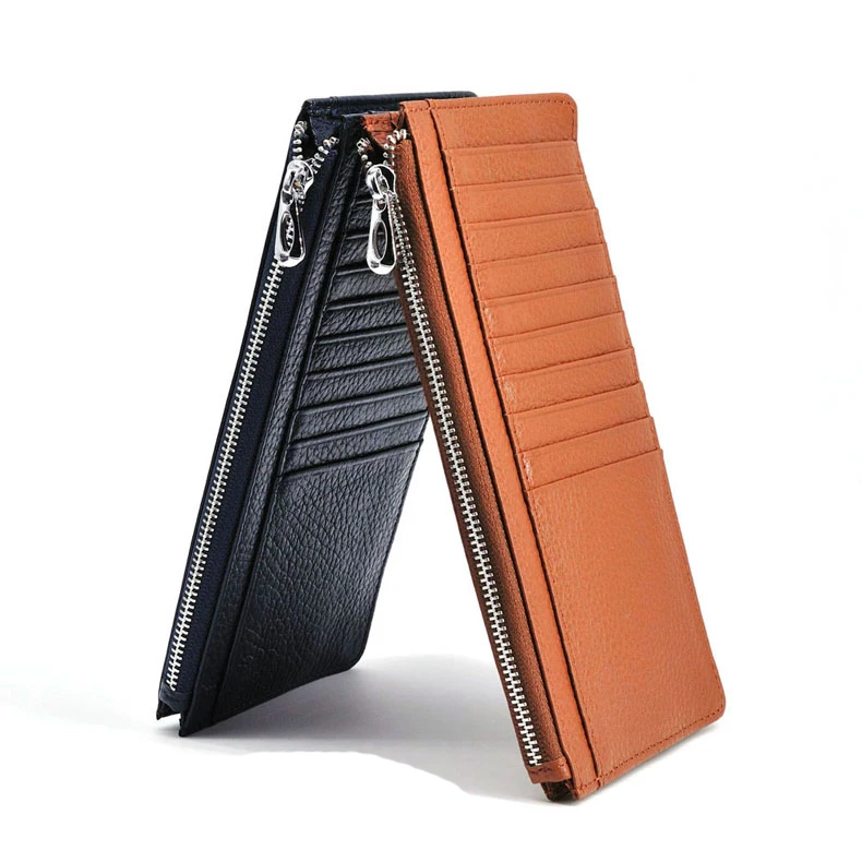 Simple Genuine Leather Zipper Cell Phone Wallet Bag Multi-Card Slots Long Cards Wallet