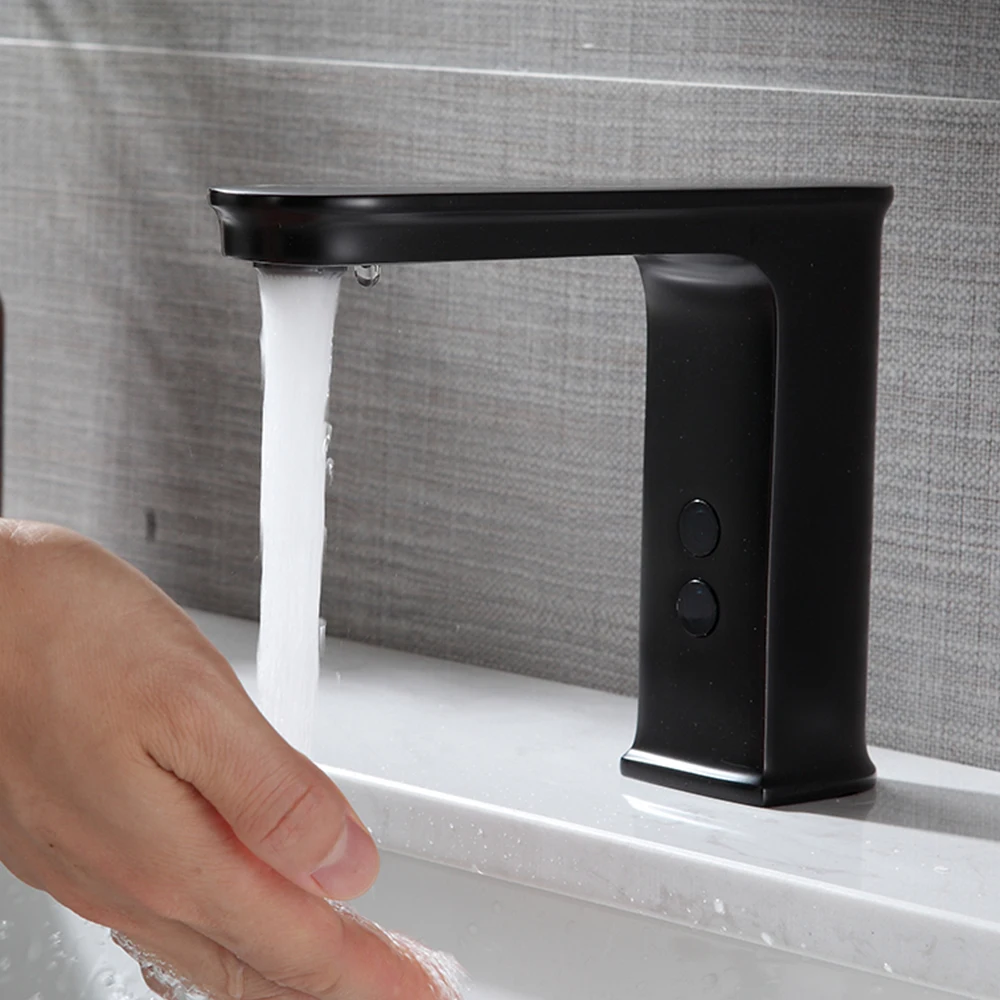 Black negro automatic smart basin faucet taps body full brass copper mixer water cold & hot ac 220 v dc battery saving power