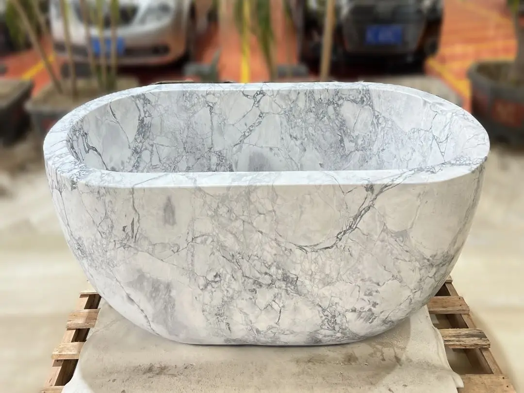 European Style Natural Stone Indoor Carrara White Oval Marble Bathtub