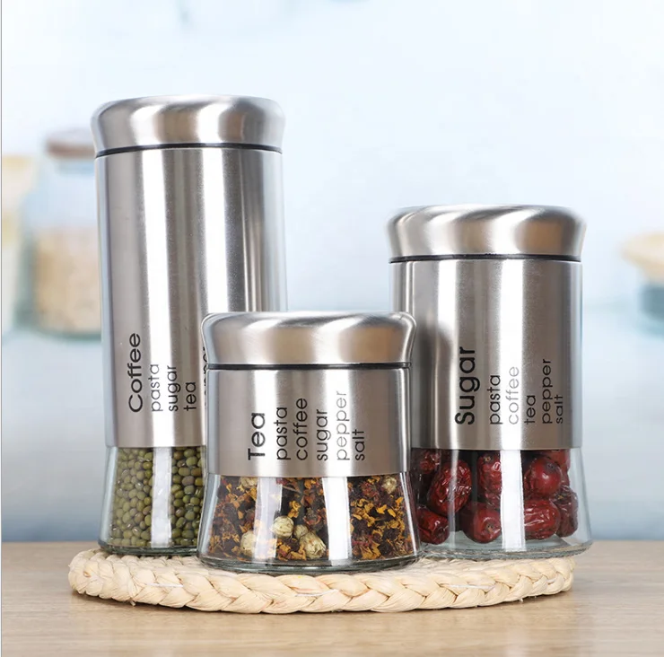 350ml 550ml 800ml tea coffee sugar salt big kitchen sealed food glass Stainless steel storage jars