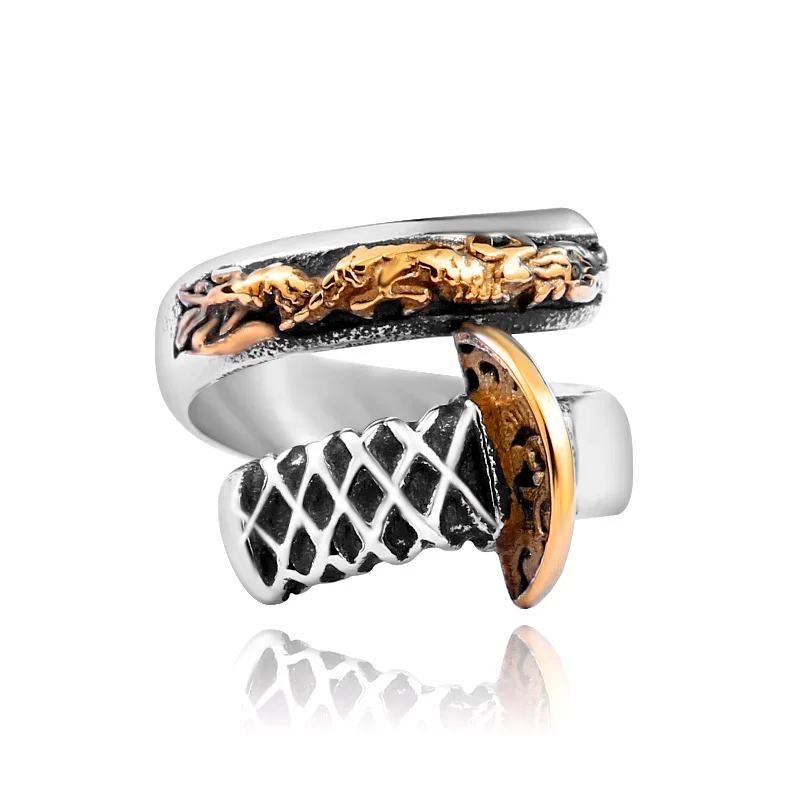 Retro Antique Dragon Pattern Katana Rings Gold Plated Stainless Steel Jewelry Mens Ring