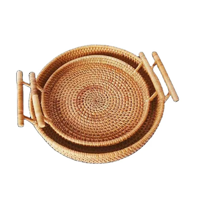 Eco-Friendly Round Shape Woven Rattan Bread Tray Basket With Handles