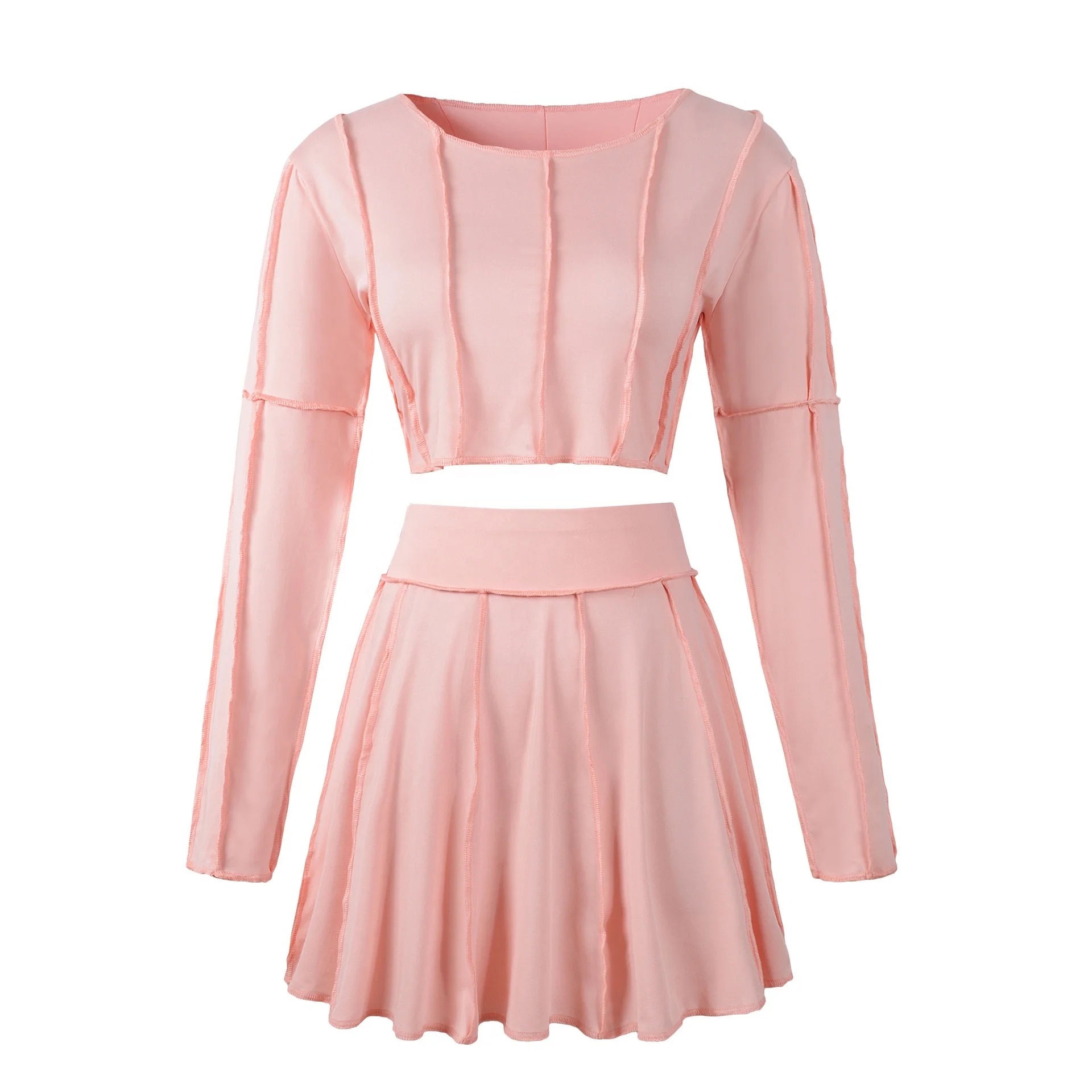 
208297 Hot sale pink 2 piece set fashion ladies clothing long sleeve mini pleated women skirt sets two piece outfits 