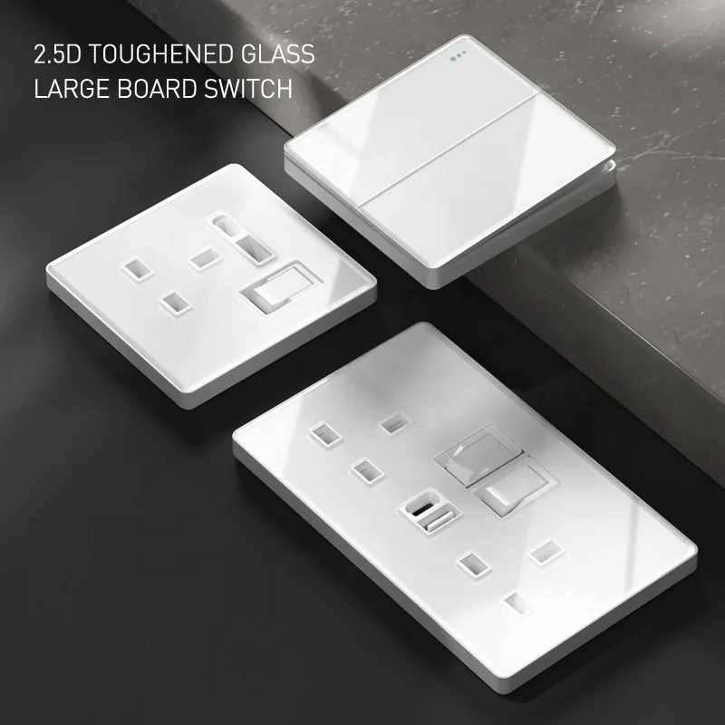 High Quality White Tempered Glass Sockets and Switches UK Double USB Socket BS CE Certificate Wall Switches