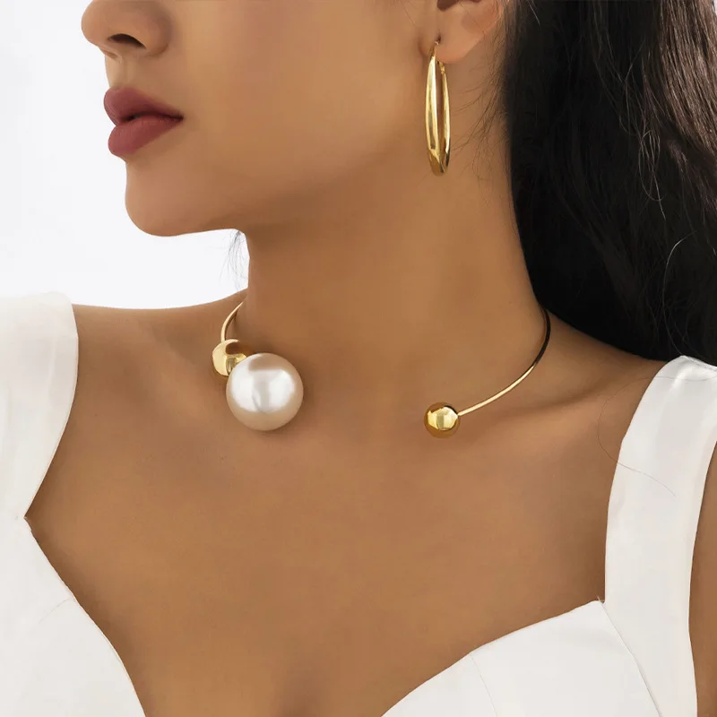 New Arrival Fashion Jewelry Luxury One Layer Pearl Collar Choker Necklace Vintage Big Pearl Choker Necklaces Women