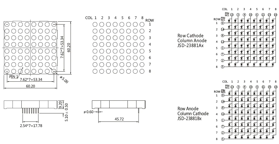 60.2*60.2mm Size 2.3 inch 23881 Bi-Color 5mm big 8x8 Dot Matrix Module LED Display