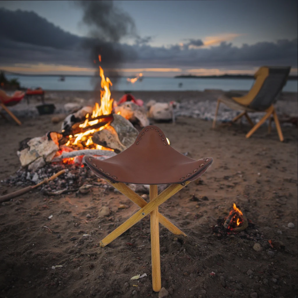 Factory Price Handmade Outdoor Hiking Camping Fishing Hunting Chairs Solid Wood Foldable Wooden Tripod Stool with Leather Seat