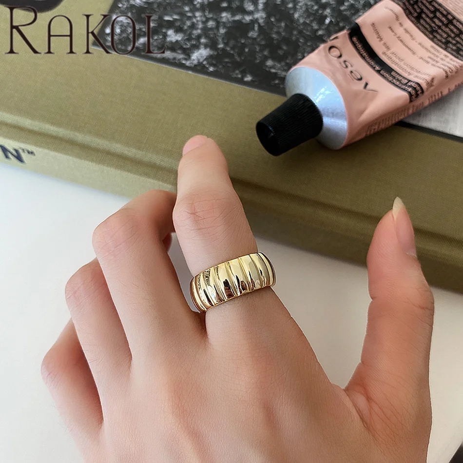 RAKOL J1285 Minimalist Ins French Style S925 Sterling Silver Wide Face Gear Groove Texture Open Ring
