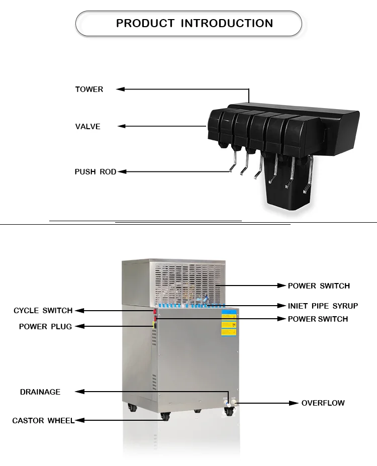 post mix soda fountain tower unit with under counter chiller to dispense carbonated soda drinks