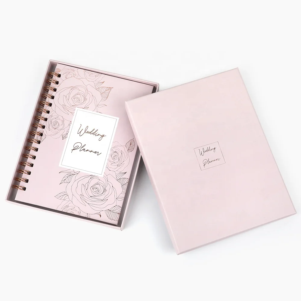 Custom Printing Luxury Spiral A5 Girl Pink Rose Gold Journal Wedding Planner And Notebooks with Gift Box Set Manufacturers
