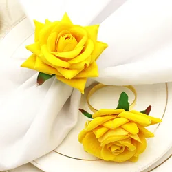 Newest Yellow Rose Flower Napkin Rings Gold Wedding Napkin Rings Holder Handmade Cloth Napkin Rings HWW01