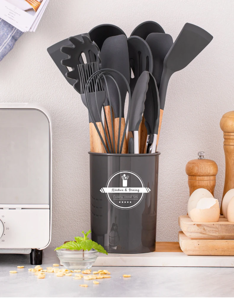 Cheap 12pcs set Silicone Kitchen Utensils Wooden Handle Non Stick Pot Baking Cooking Spoon Brush Silicone Sets