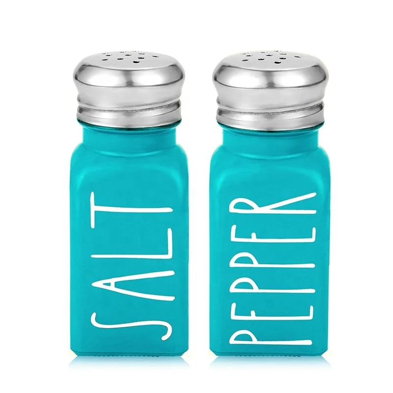 Farmhouse Style Colored Glass Salt and Pepper Shaker Set with Stainless Steel Lids for Home Restaurants