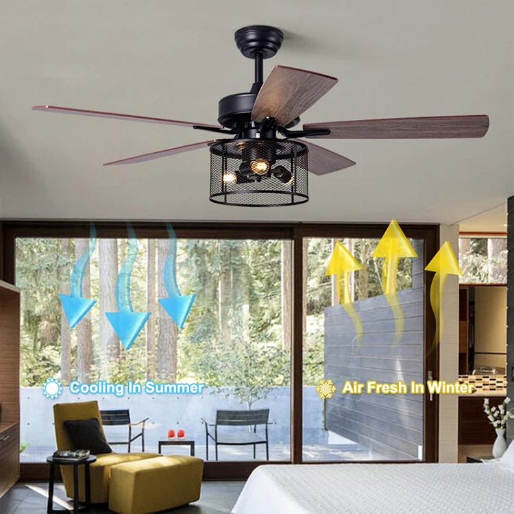 Modern Living Room Bedroom Indoor 52 Inch Black Remote Control Led Ceiling Fan with Lights