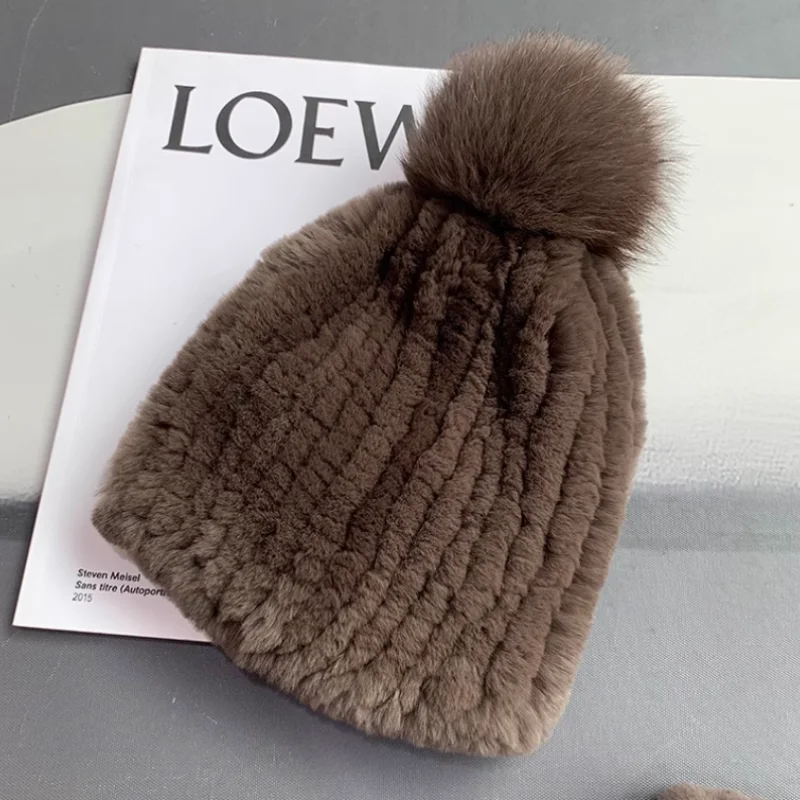 Fashion high quality ladies hat scarf set genuine high elastic rex rabbit fur knitted fur hat