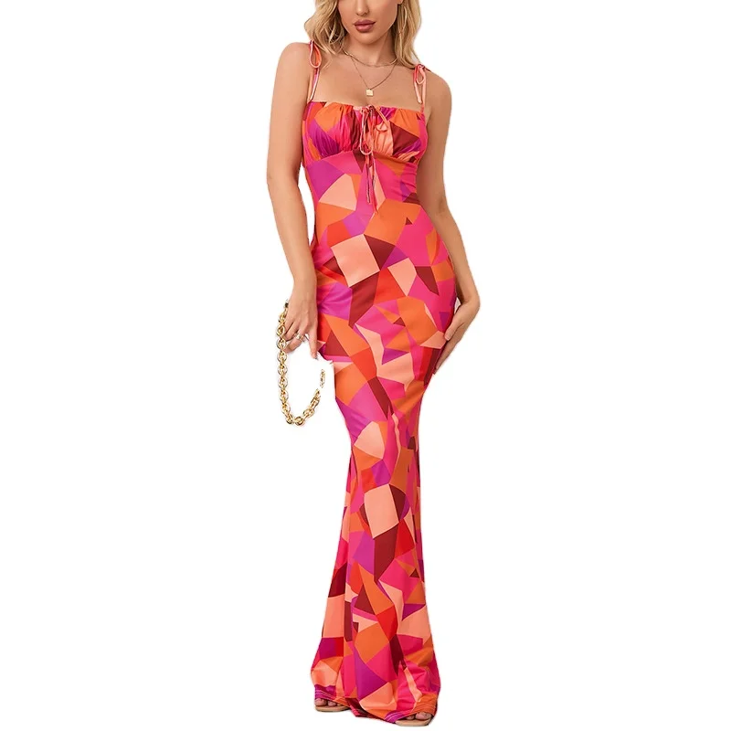 2024 Custom Fashion Hot Selling Backless  Women Dress Deep V-Neck Tie Bow Back Elegant White Casual Long Dresses