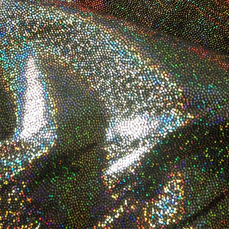 Wholesale Glitter Stretch Holographic Laser Crystal Iridescen Metallic Jersey Gold Dot Foil Coated Polyester Silk Fabric