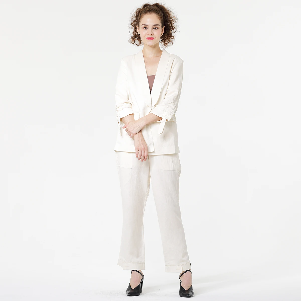 
wide leg shorts elegant two-piece suit turn down collar fit casual linen office blazer women 