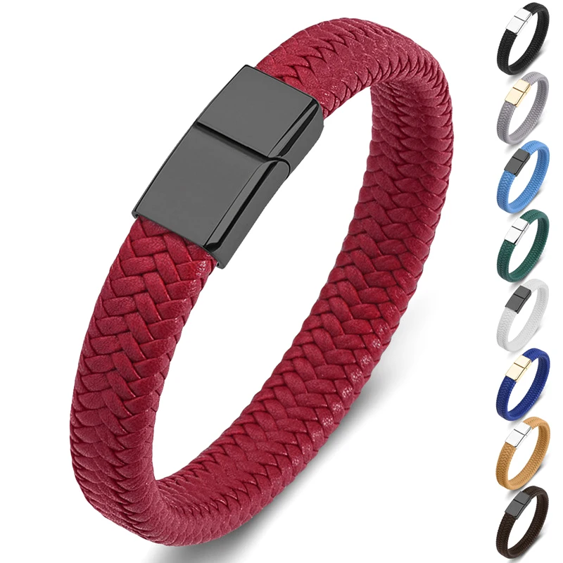 Hot Sale Punk Black Gun Plated Stainless Steel Magnetic Clasp Synthetic Leather Braided Fine Jewelry Bracelets Bangles