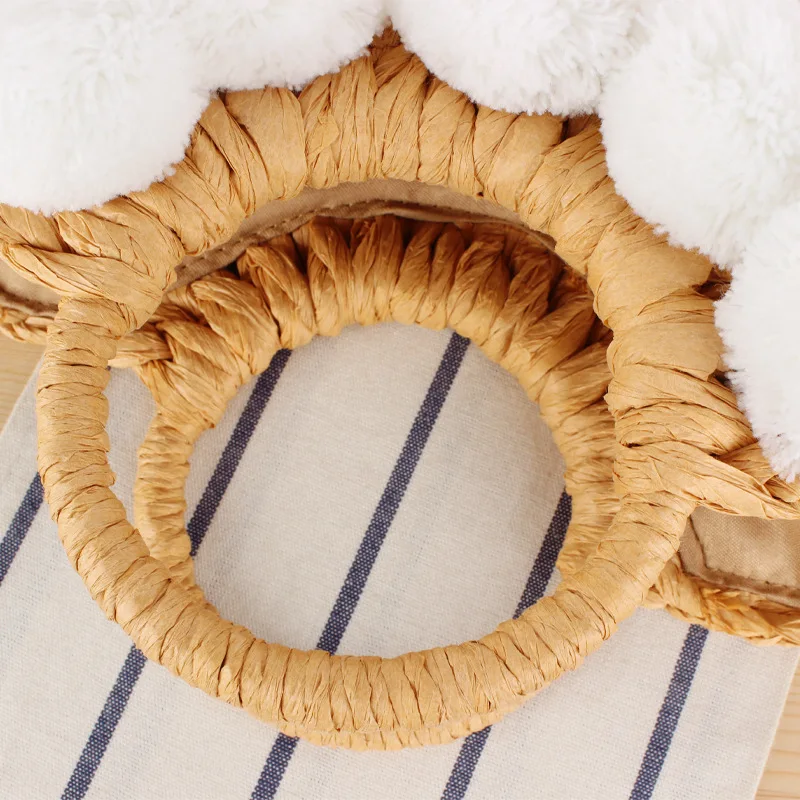 Factory Wholesale  Bride Straw Beach Hand Woven Large Purse Wedding Gift with Pompom Top Handle Summer Beach Rattan Tote Bag