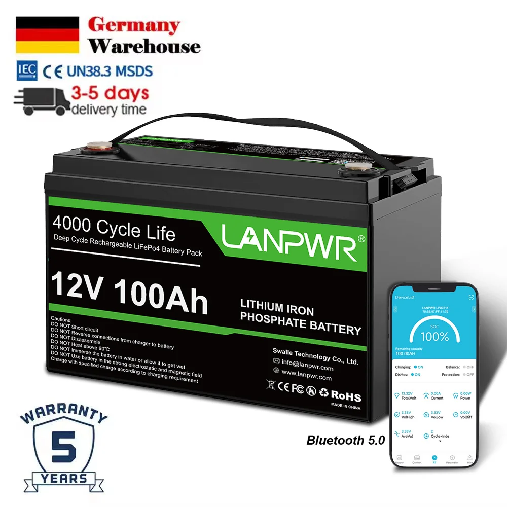 EU Stock Bluetooth5.0 12V 100Ah LANPWR LiFePO4  Battero Deep Cycle Lithium Iron Phosphate batteries100Ah 24V 12V EV Battery