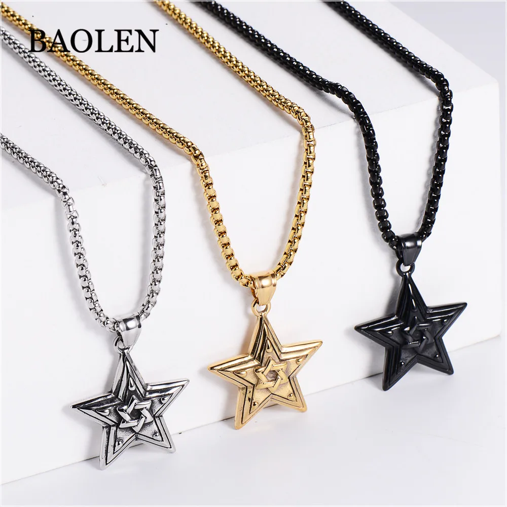 New models gold Titanium Steel Pentagram Necklace Vintage Five-point Star Pendant necklace
