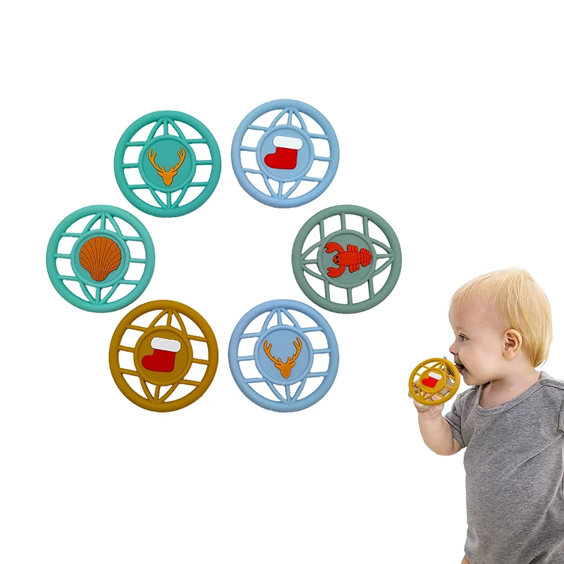 Unisex Popular BPA-Free Silicone Baby Sea Animal Teether Soft Wood Toy round Shape Steam Sterilizable Set for Kids