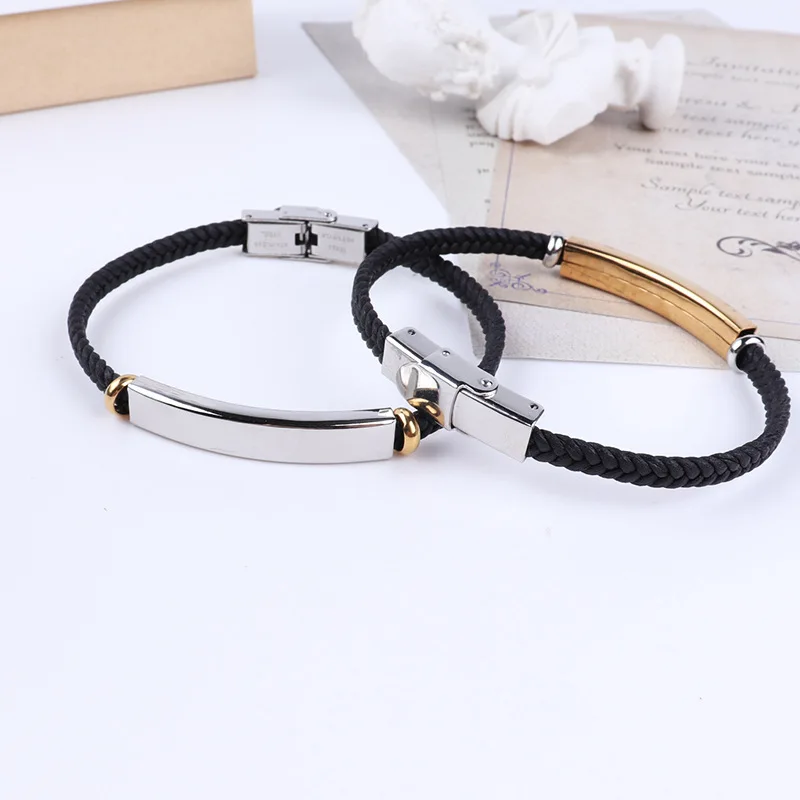 2022 New Custom Name Titanium Steel Handmade Weave Leather Bracelets for Couple Birthday Present
