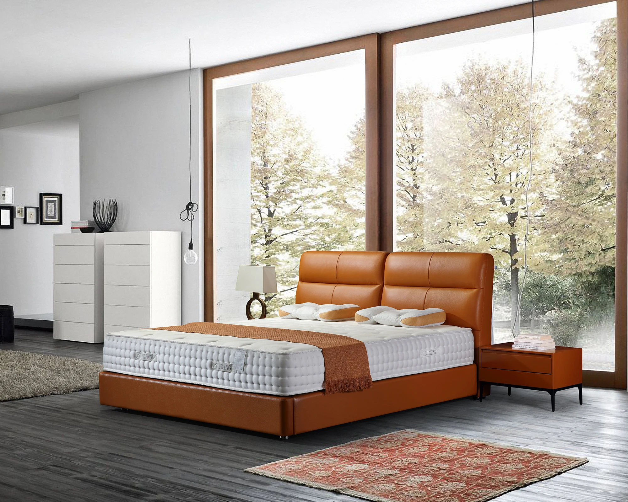 
comfortable orange upholstered bed with high thick headboard 