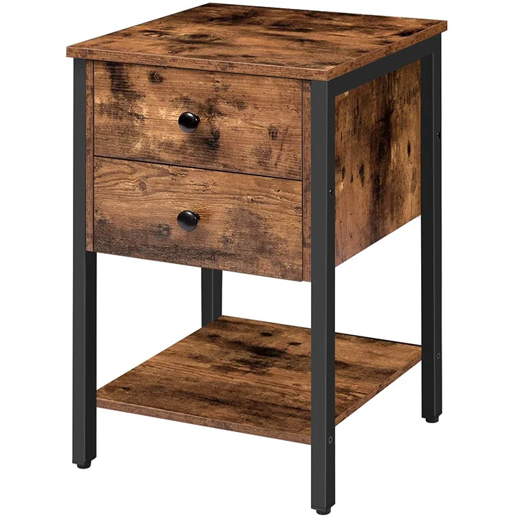 Rustic Industrial Square End Table Small Wooden Nightstands Beside Table with 2 Drawers in Living Room Bedroom Home