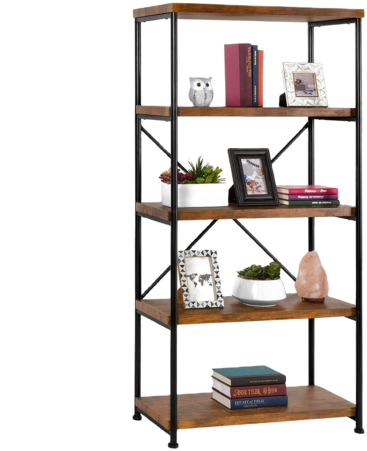 Combohome Products 5 Tier Rustic Industrial Bookshelf Display Decor Accent Metal Frame Wood Shelves Brown