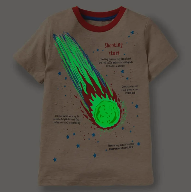 New design wholesale promotional children kids apparel fashion tops dinosaur luminous printing cotton boys t-shirts