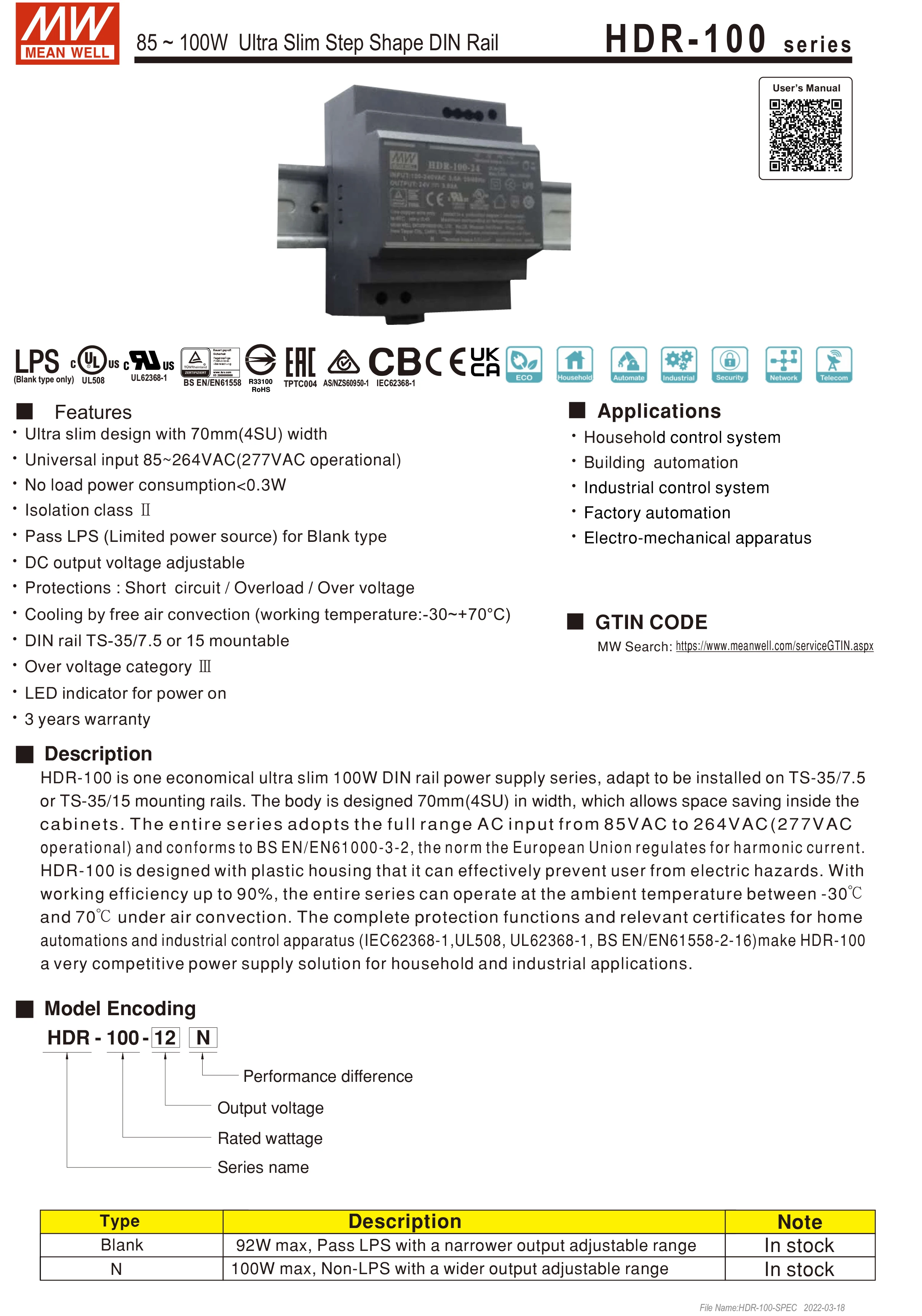 MeanWell HDR-100-spec-1