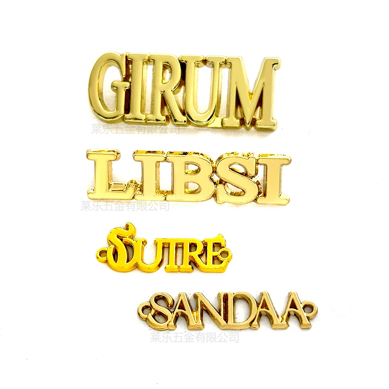 Custom logo swimwear metal accessory gold sewing tags zinc alloy engraved letter brand logos metal label for clothing bikini