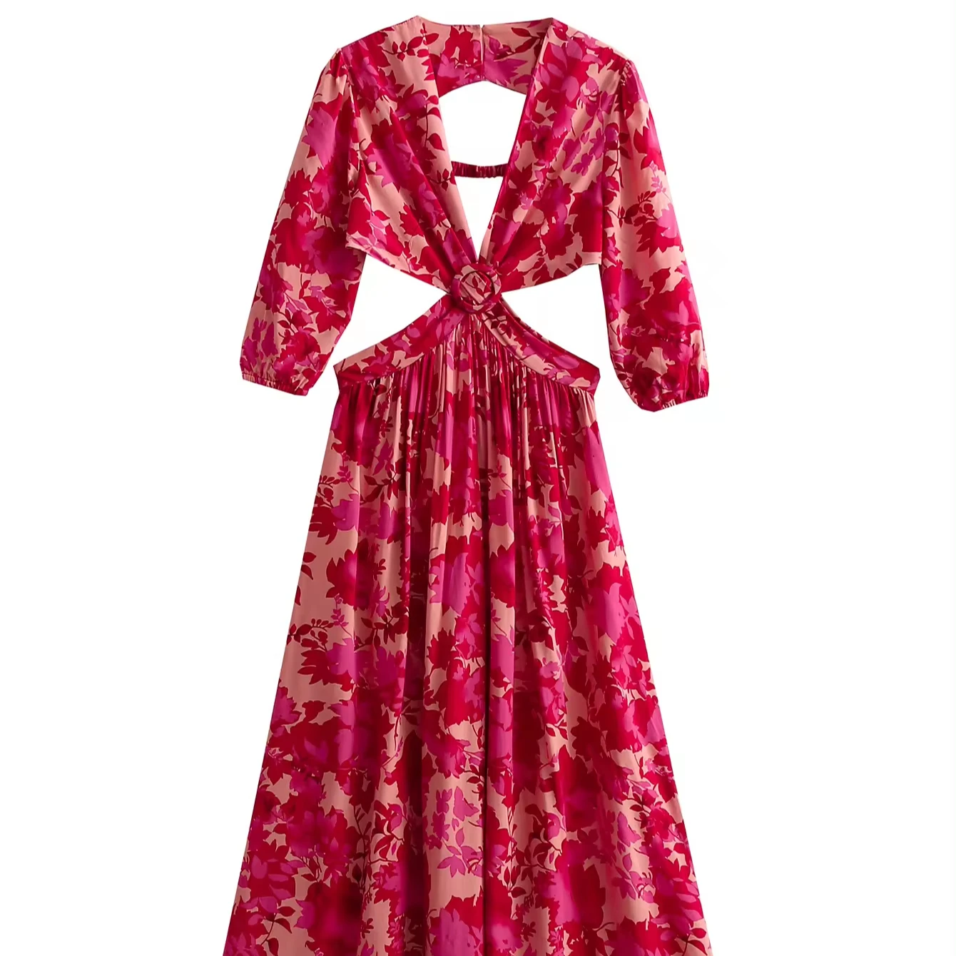 Red Women Floral hip wrap Sexy Wear Sexy Women Irregular printed hollow out Dresses