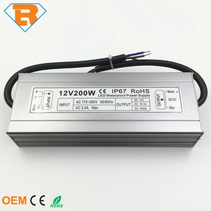IP67 Iron Shell Waterproof LED Power Supply 200W AC170V-AC260V to DC12V DC24V for led strip led module lighting