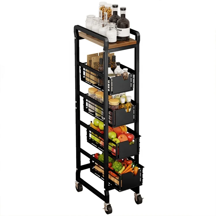 2021 wholesale mobile home 360 degree rotating storage Holder rack 5-tier kitchen shelf vegetable & fruit basket with wheel