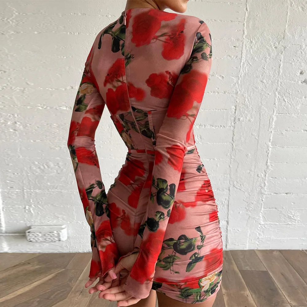 2022 New Slim Sexy Sundress Elegant Casual Dresses Mesh Hollow Print Long Sleeve Hip Fishbone Dress