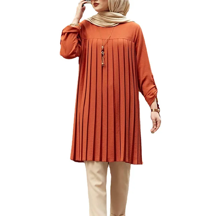 New Summer Muslim Multicolor Pleated Loose Islamic Clothing Women Modest Blouses Chiffon Long Shirts For Women Muslim