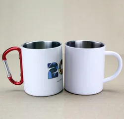 Wholesale Preferential 300ML Double Insulation Carabiner Handle Printed Logo Camping Travel Sublimation Stainless Steel Mug